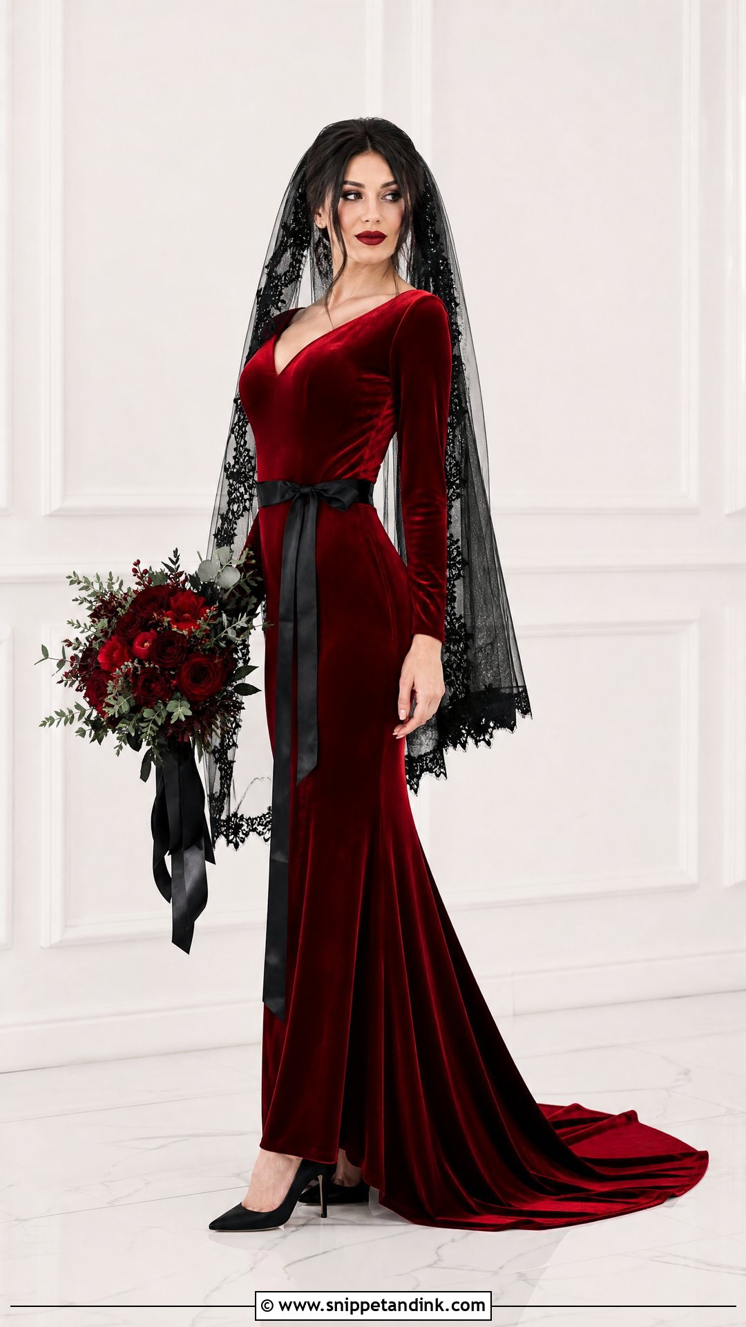 Red Velvet Wedding Dress With Black Accessories - Snippet and Ink - 25 Red and Black Wedding Dress Ideas