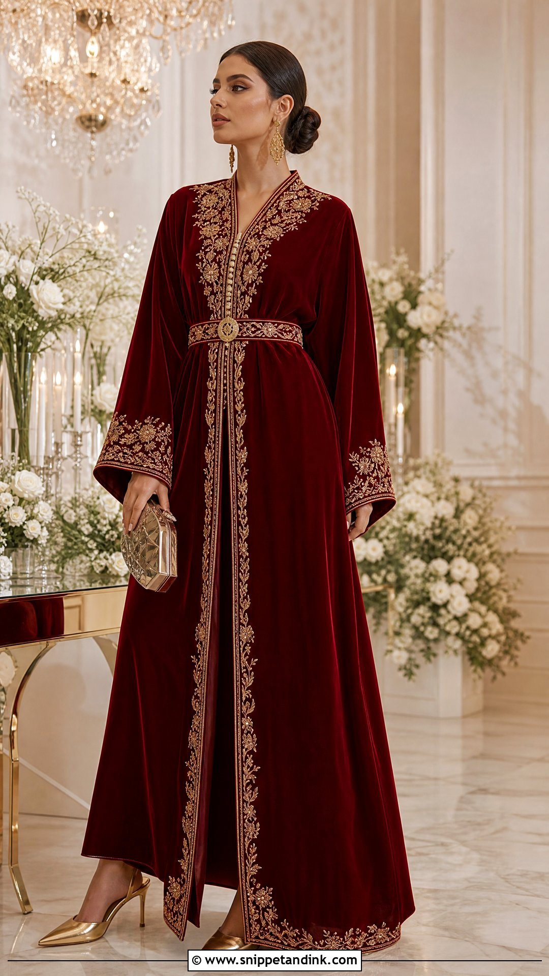Red Velvet Wedding Kaftan With Gold Embroidery - Snippet and Ink - 20 Wedding Kaftan Ideas