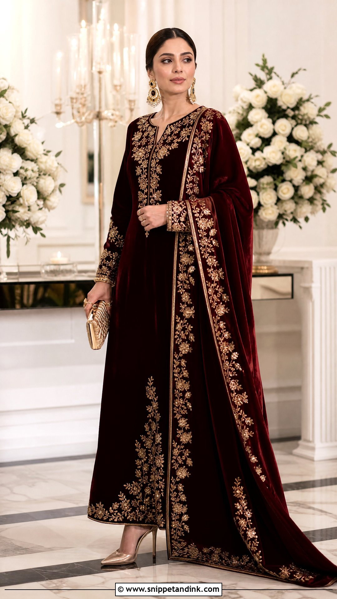 Red Velvet and Gold Embroidery Wedding Dress - Snippet and Ink - 20 Red and Gold Wedding Dress Ideas