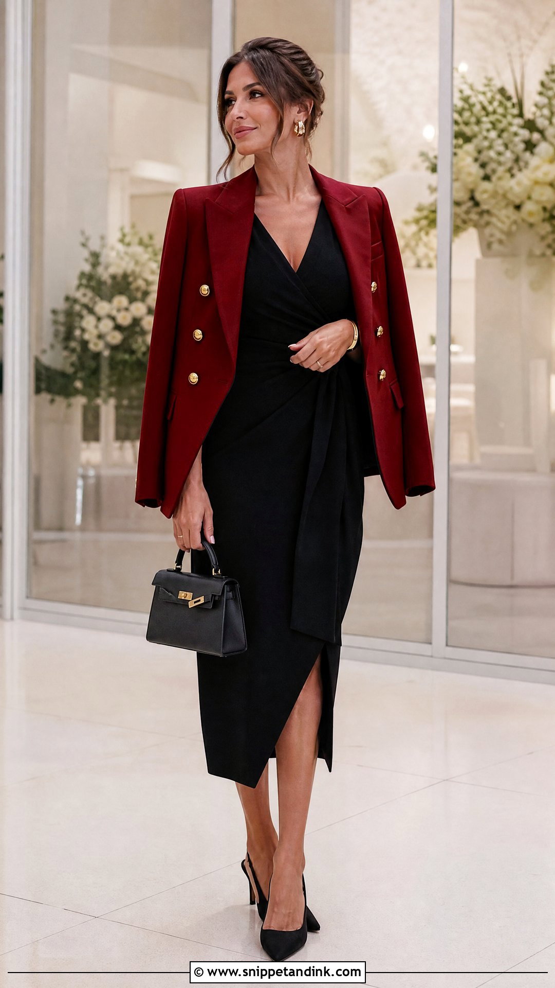 Red Wedding Blazer With Black Midi Dress - Snippet and Ink - 20 Wedding Blazers Ideas