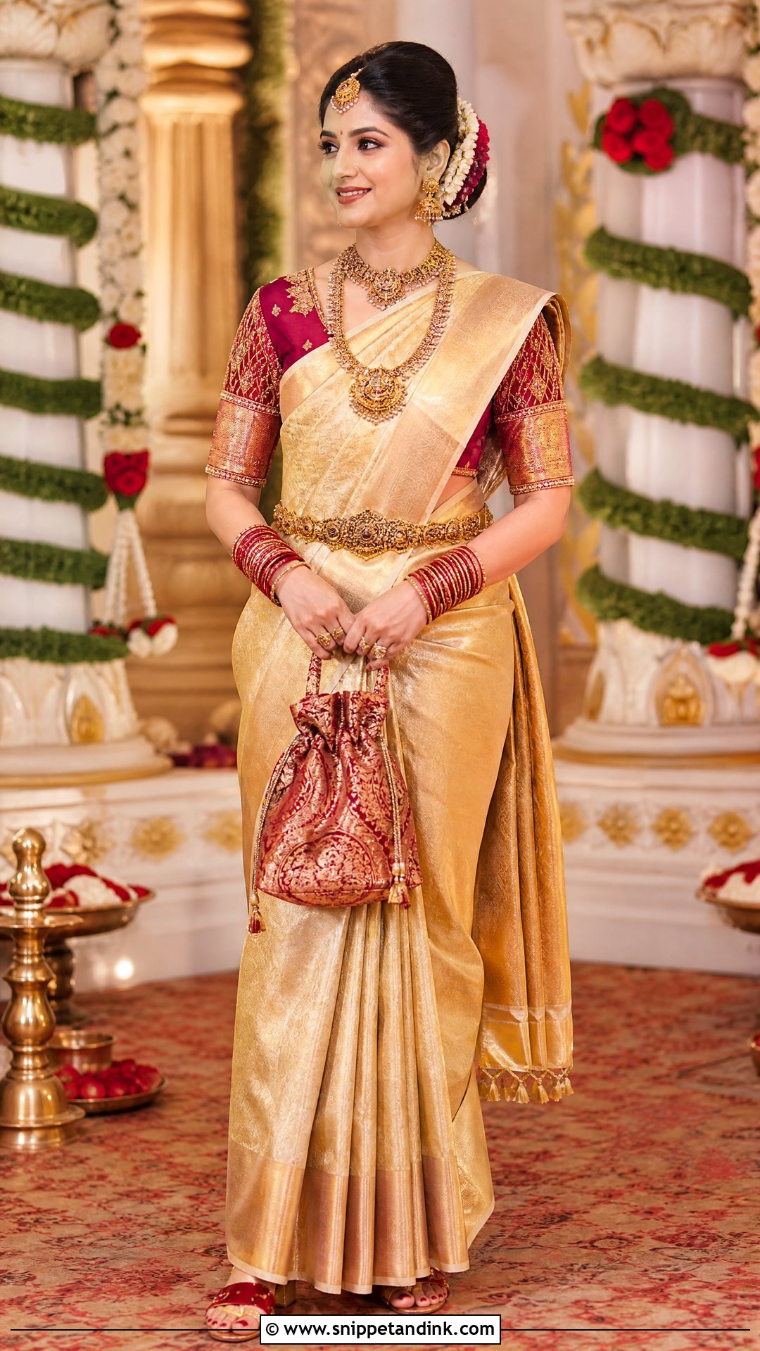 Red Wedding Chappal With Gold Saree - Snippet and Ink - 20 Wedding Chappal for Bride Ideas