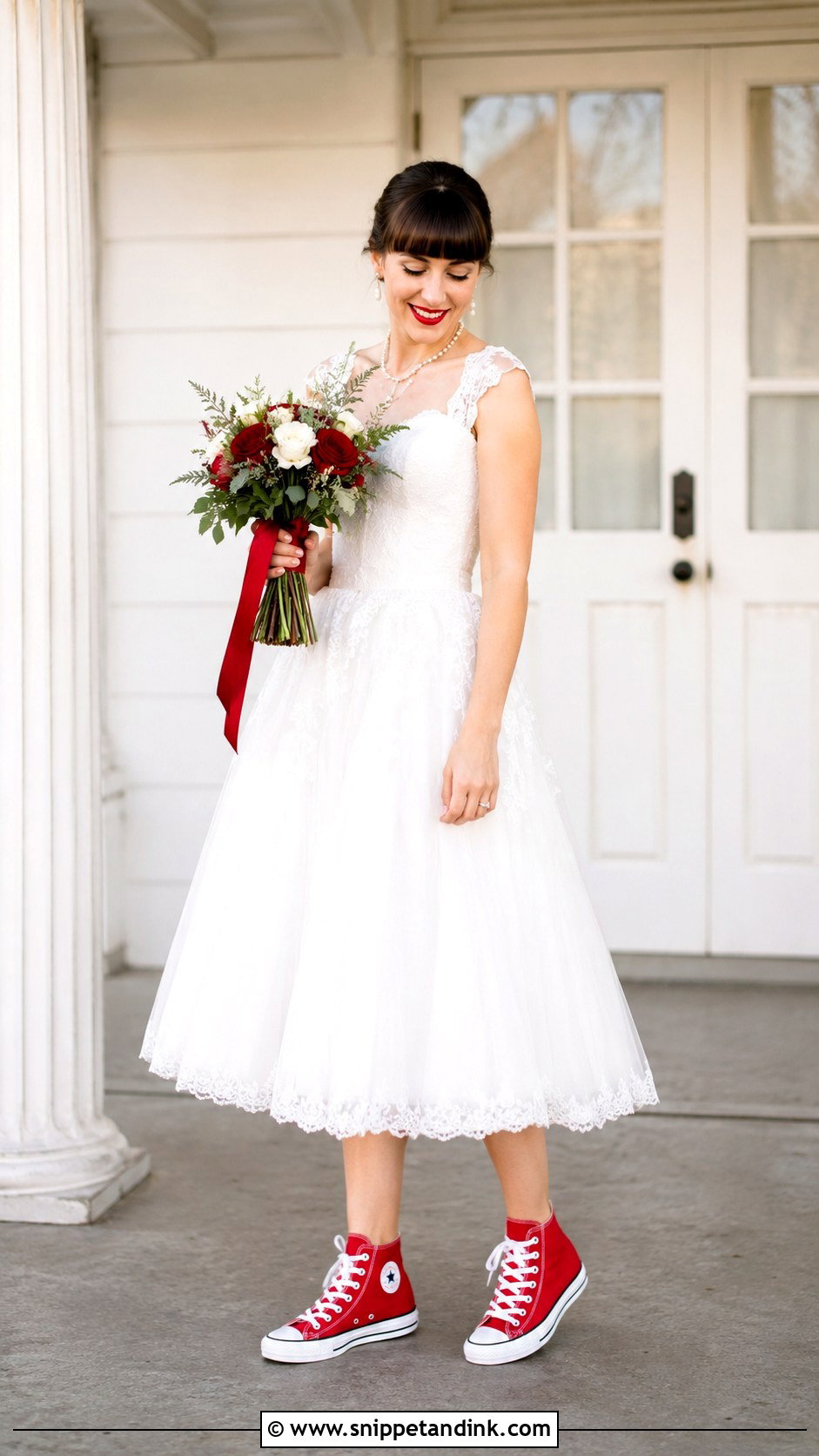 Red Wedding Converse With A Tea Length Dress - Snippet and Ink - 30 Wedding Converse Ideas