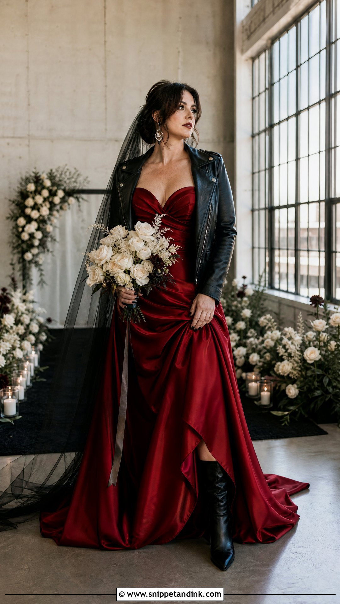 Red Wedding Dress With Black Leather Jacket - Snippet and Ink - 20 Rock and Roll Wedding Dress Ideas