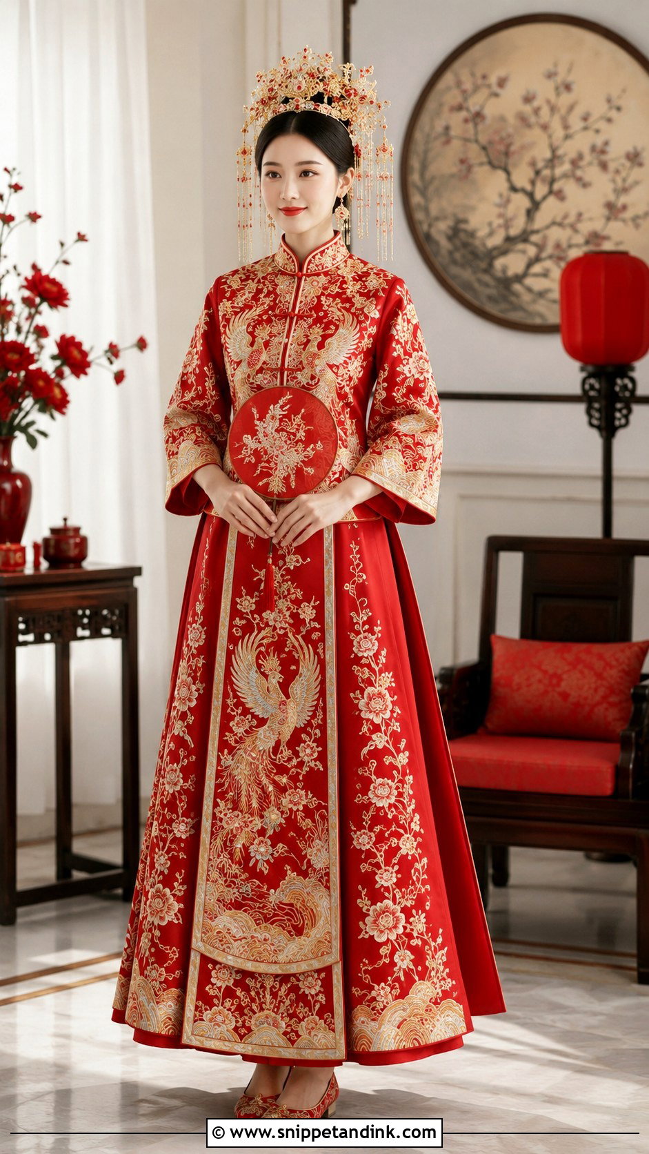 Red Wedding Dress With Phoenix Crown - Snippet and Ink - 25 Traditional Chinese Wedding Dress Ideas
