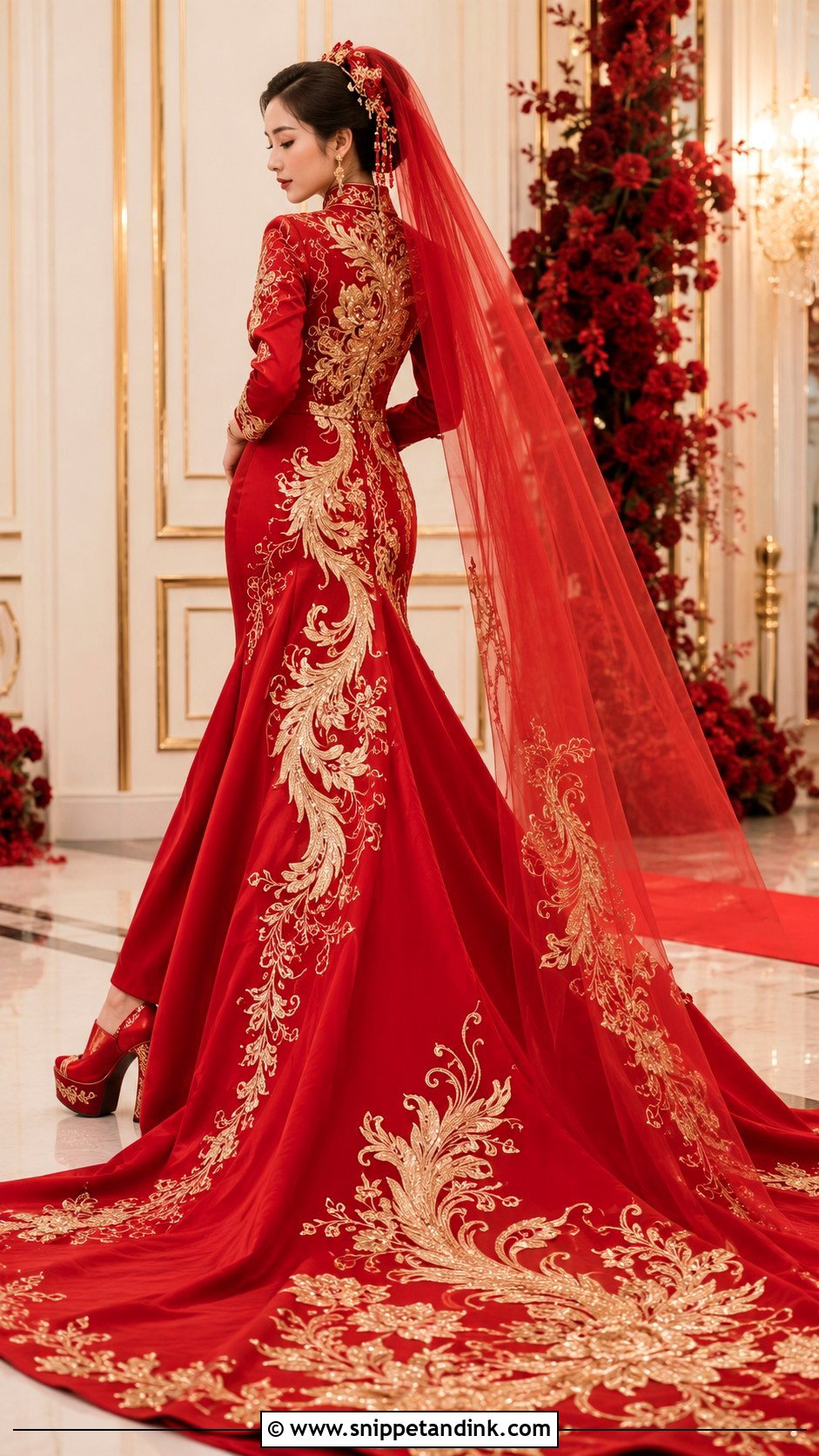 Red Wedding Gown With Train - Snippet and Ink - 20 Red Chinese Wedding Dress Ideas