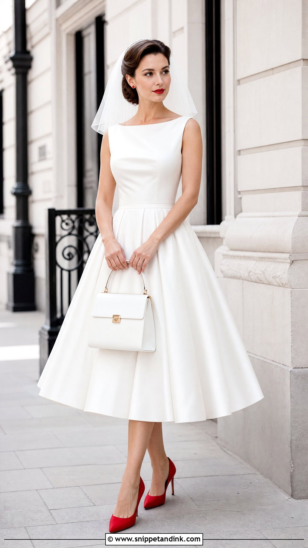 Red Wedding Pumps With Retro Midi Dress - Snippet and Ink - 20 Wedding Pumps Ideas