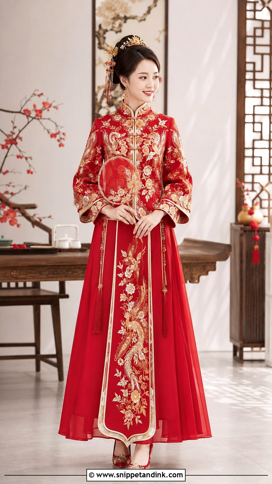 Red Xiuhe Wedding Dress - Snippet and Ink - 25 Traditional Chinese Wedding Dress Ideas