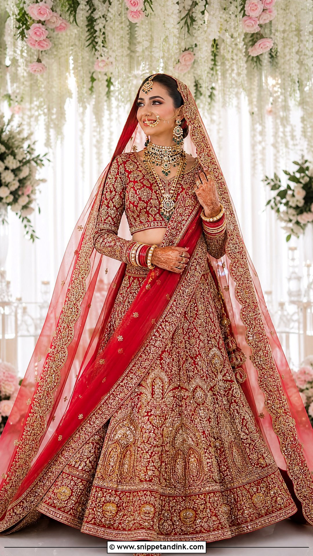 Red Zardozi Bridal Lehenga With A Long Veil - Snippet and Ink - 20 Red Bridal Outfit Ideas