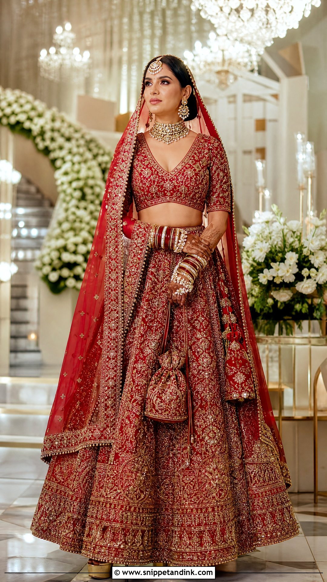Red Zardozi V Neck Bridal Blouse With Lehenga - Snippet and Ink - 20 V Neck Bridal Blouse Ideas