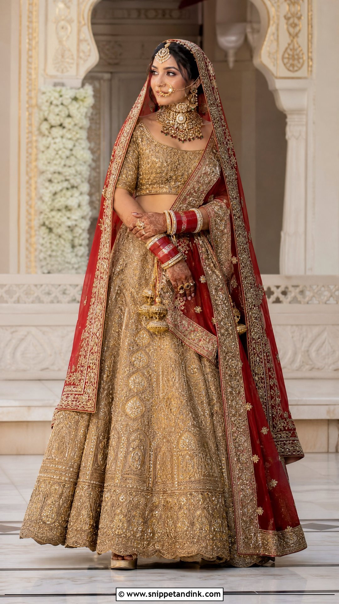 Red Zari Dupatta With Gold Bridal Lehenga - Snippet and Ink - 20 Red Dupatta for Bride Ideas