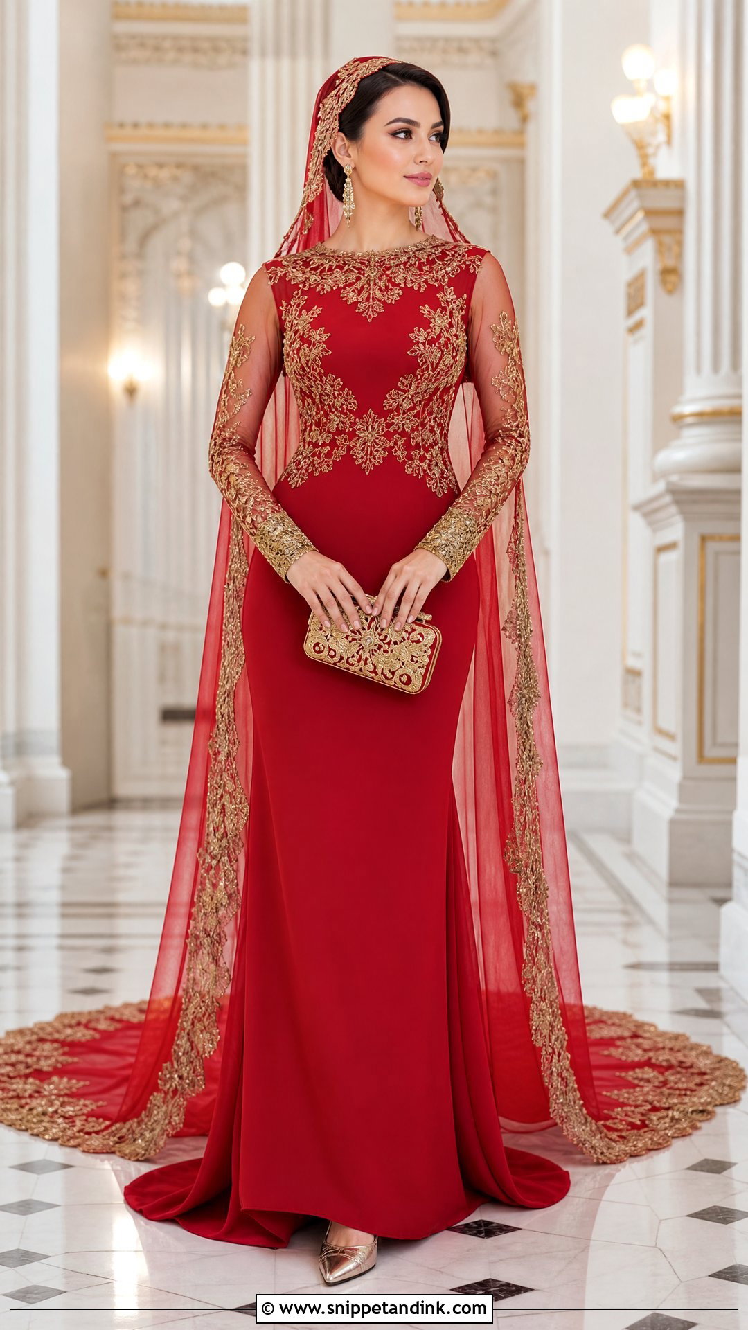 Red and Gold Long Sleeve Wedding Dress - Snippet and Ink - 20 Red and Gold Wedding Dress Ideas