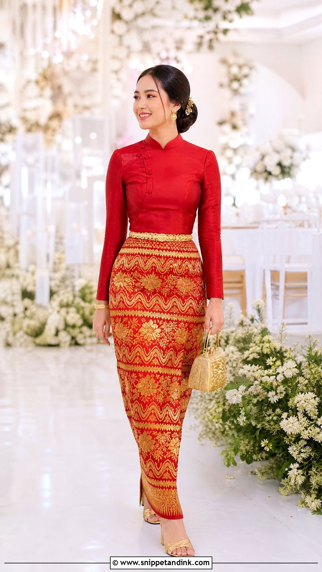 Red and Gold Myanmar Reception Dress - Snippet and Ink - 20 Myanmar Wedding Dresses