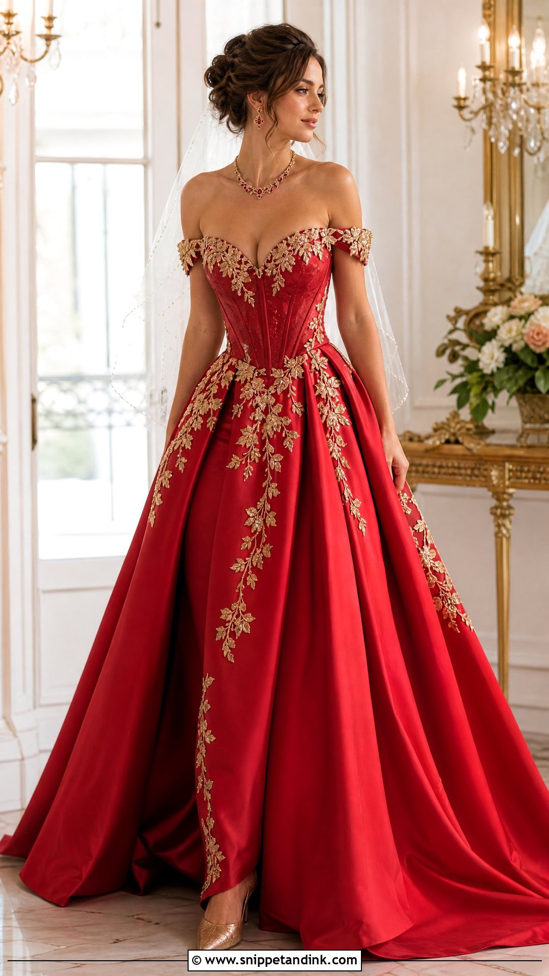 Red and Gold Off Shoulder Wedding Dress - Snippet and Ink - 20 Red and Gold Wedding Dress Ideas