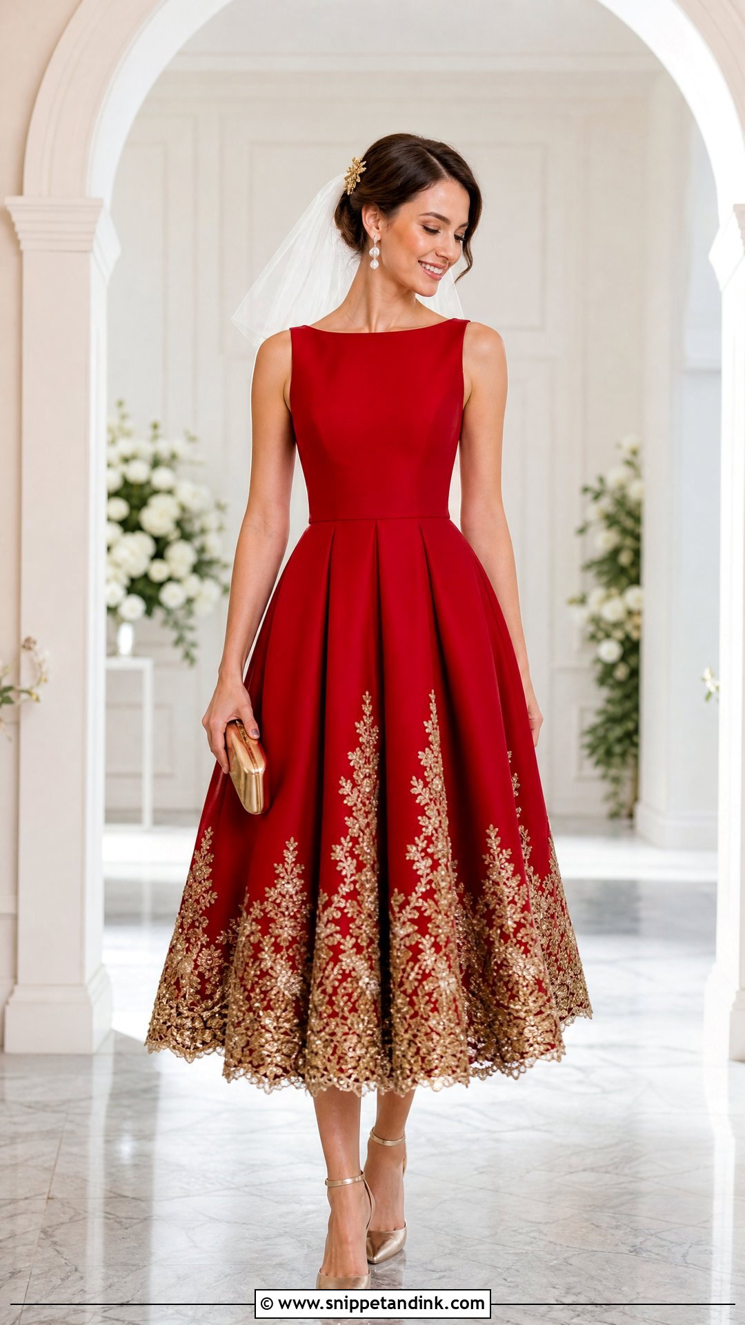 Red and Gold Tea Length Wedding Dress - Snippet and Ink - 20 Red and Gold Wedding Dress Ideas