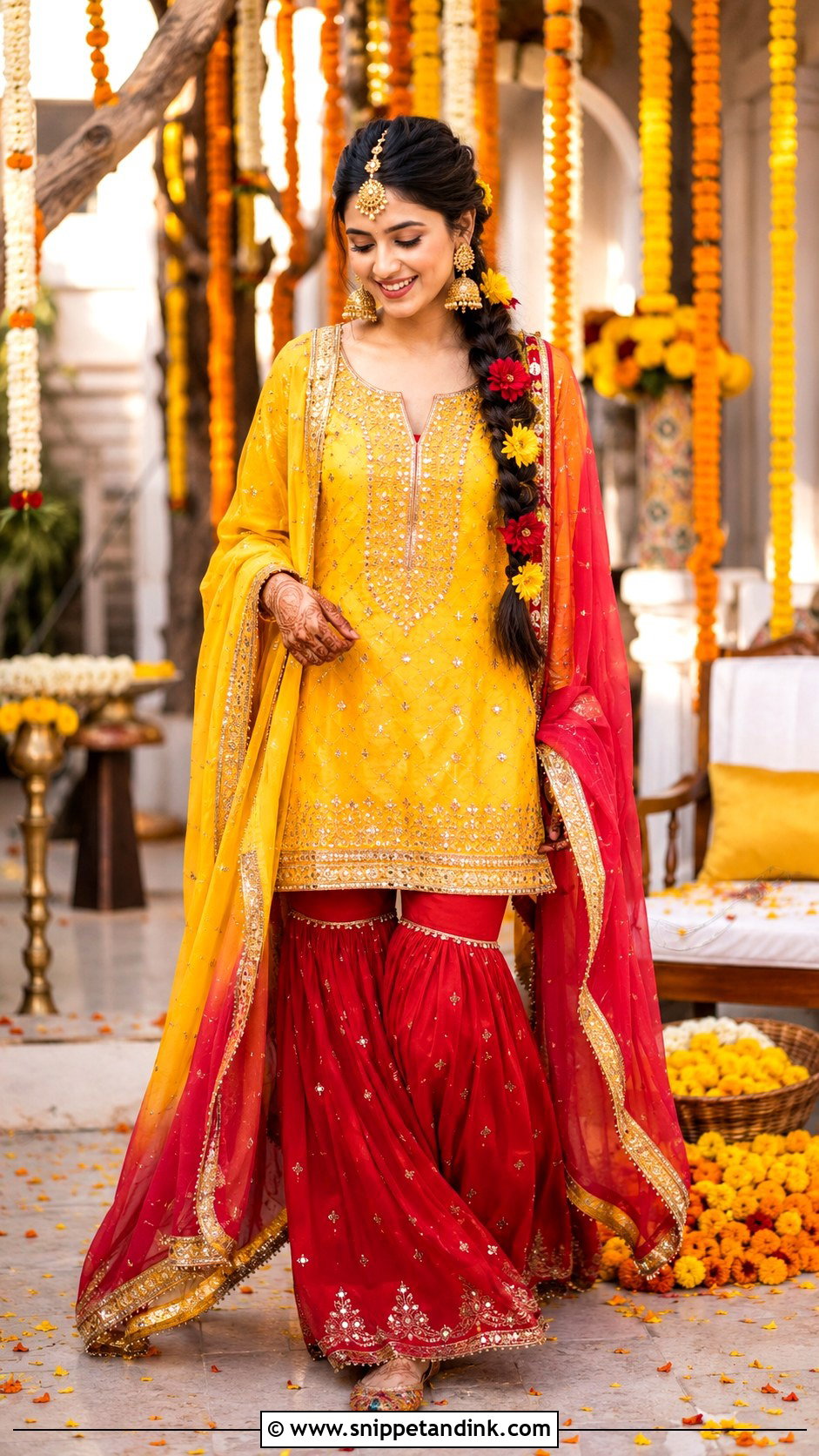 Red and Yellow Mehendi Gharara - Snippet and Ink - 20 Bridal Mehendi Dress Ideas