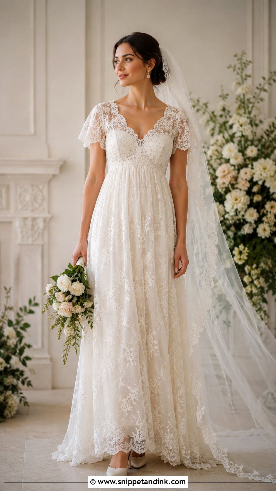Regency Lace Wedding Dress - Snippet and Ink - 20 Bridgerton Inspired Wedding Dresses