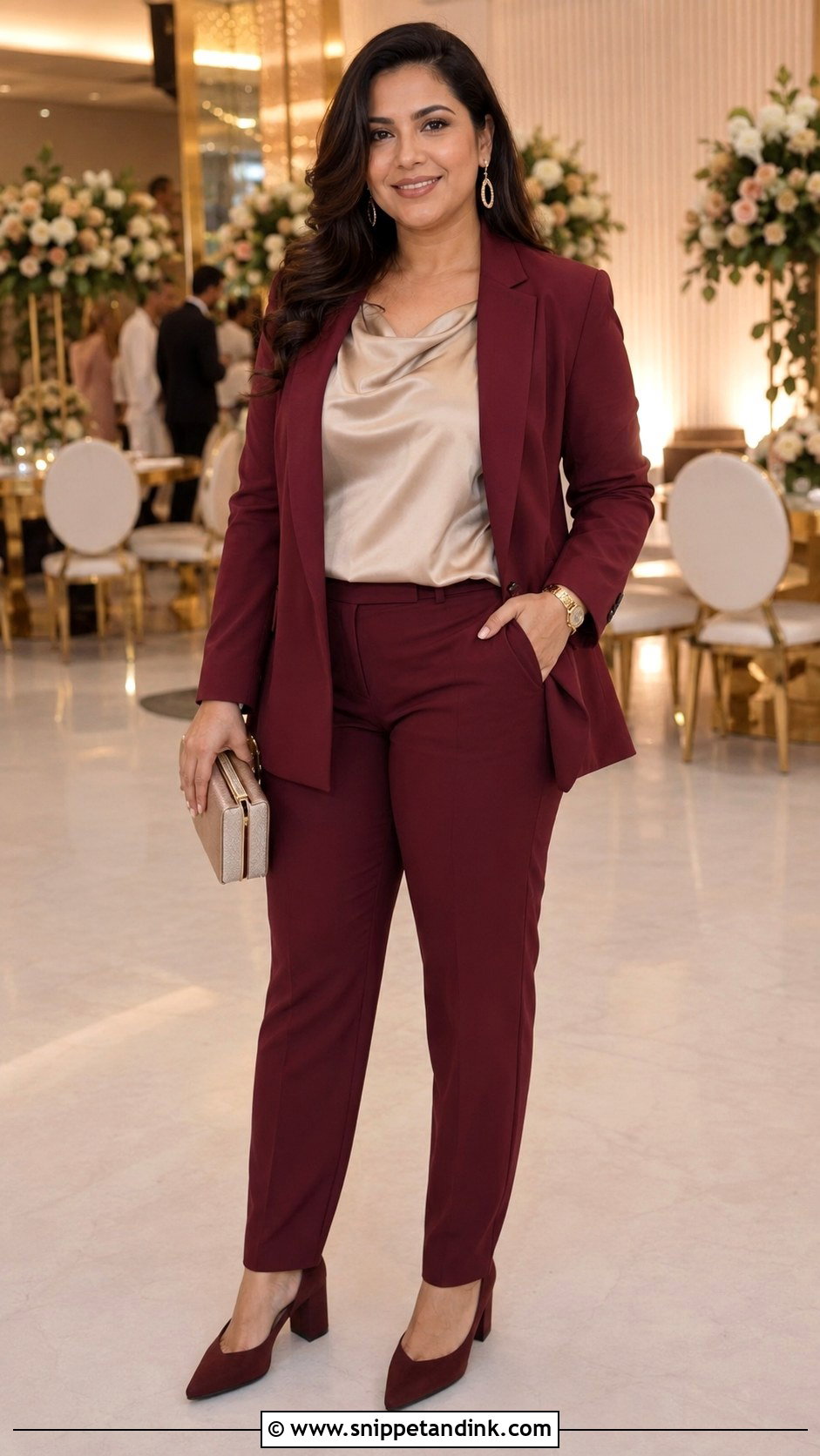 Relaxed Maroon Wedding Suit With Draped Blouse - Snippet and Ink - 20 Maroon Wedding Suit Ideas