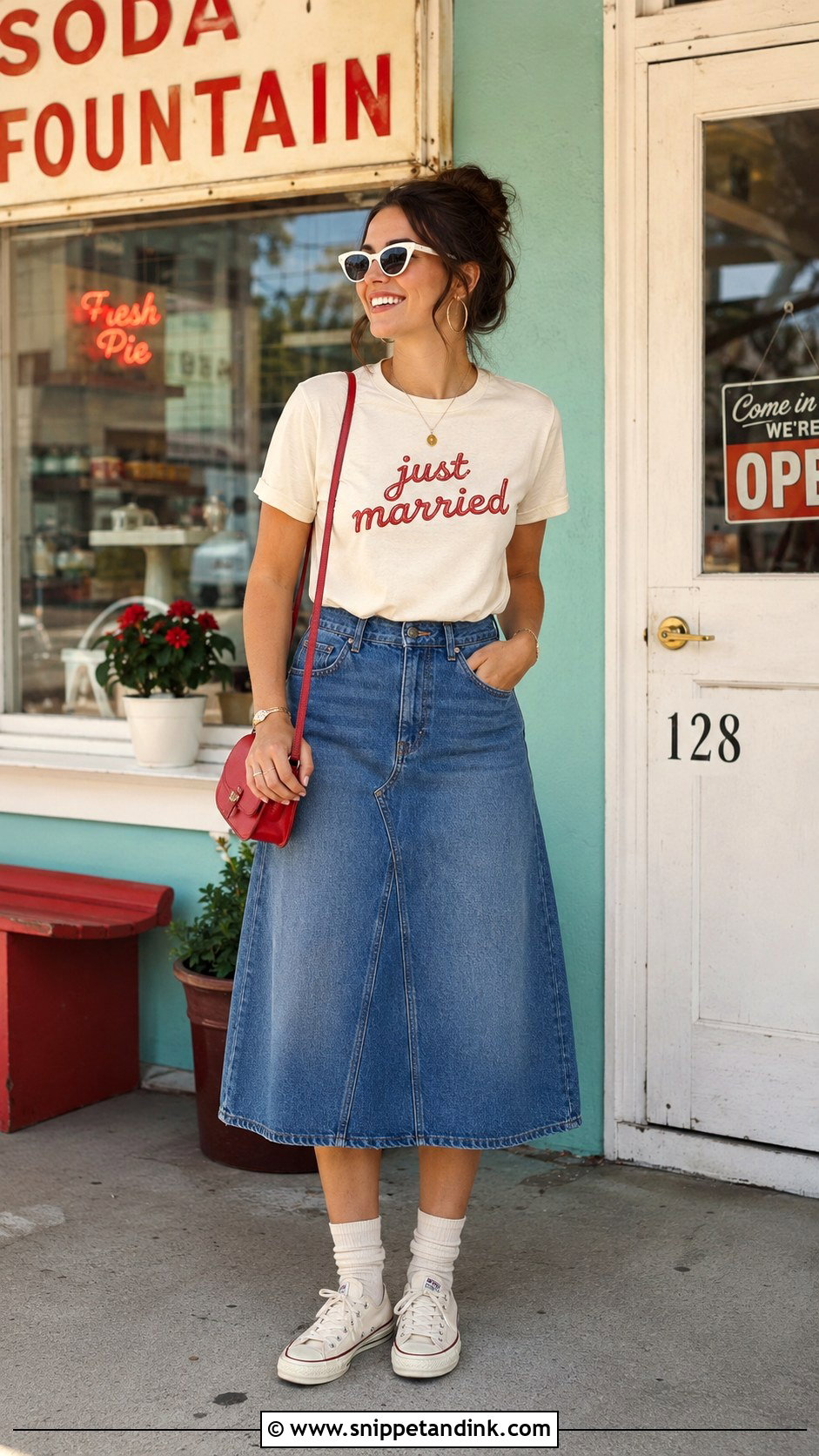 Retro Just Married Shirt With Denim Skirt - Snippet and Ink - 20 Just Married Shirts Ideas