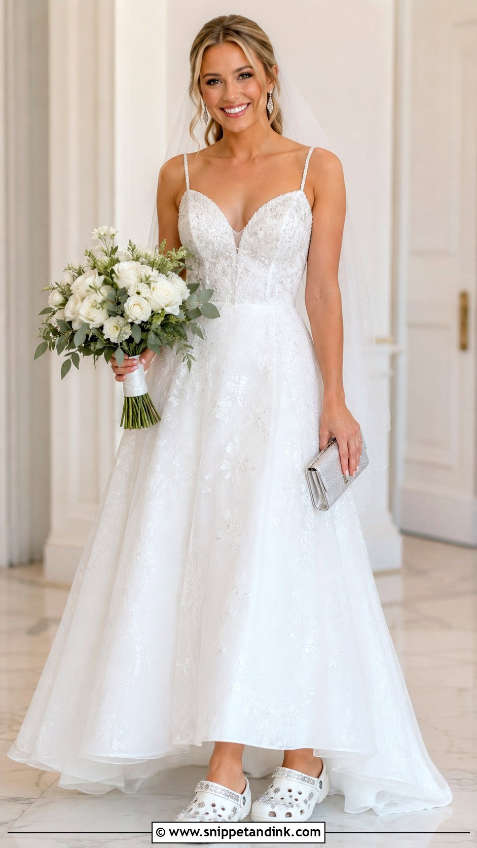 Rhinestone Bridal Crocs With A Line Dress - Snippet and Ink - 20 Bridal Crocs Ideas