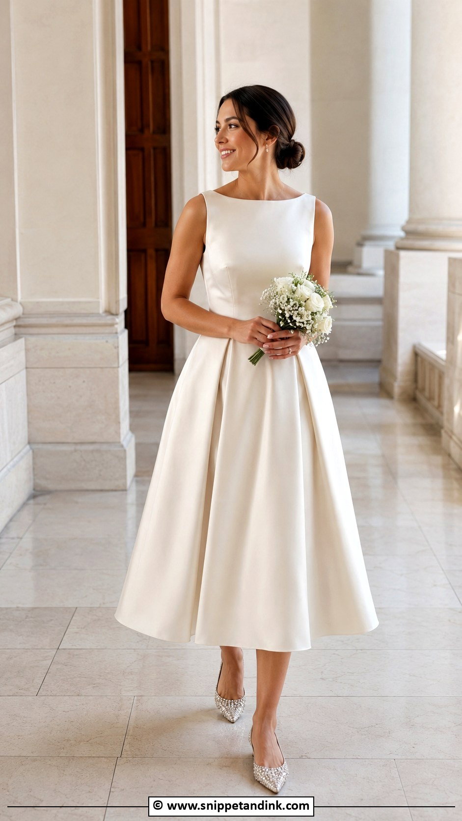 Rhinestone Bridal Flats With A Midi Wedding Dress - Snippet and Ink - 30 Bridal Footwear Ideas