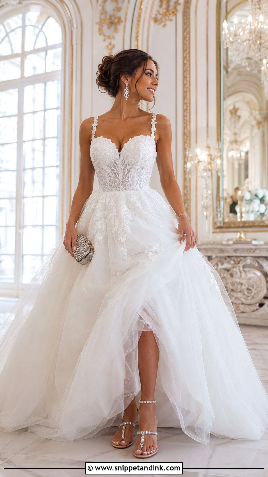 Rhinestone Flat Wedding Sandals With Tulle Ball Gown - Snippet and Ink - 20 Flat Wedding Sandals Ideas