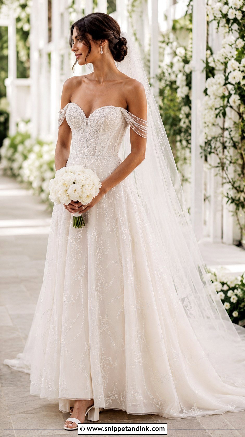 Rhinestone Off the Shoulder Wedding Dress - Snippet and Ink - 20 Rhinestone Wedding Dress Ideas