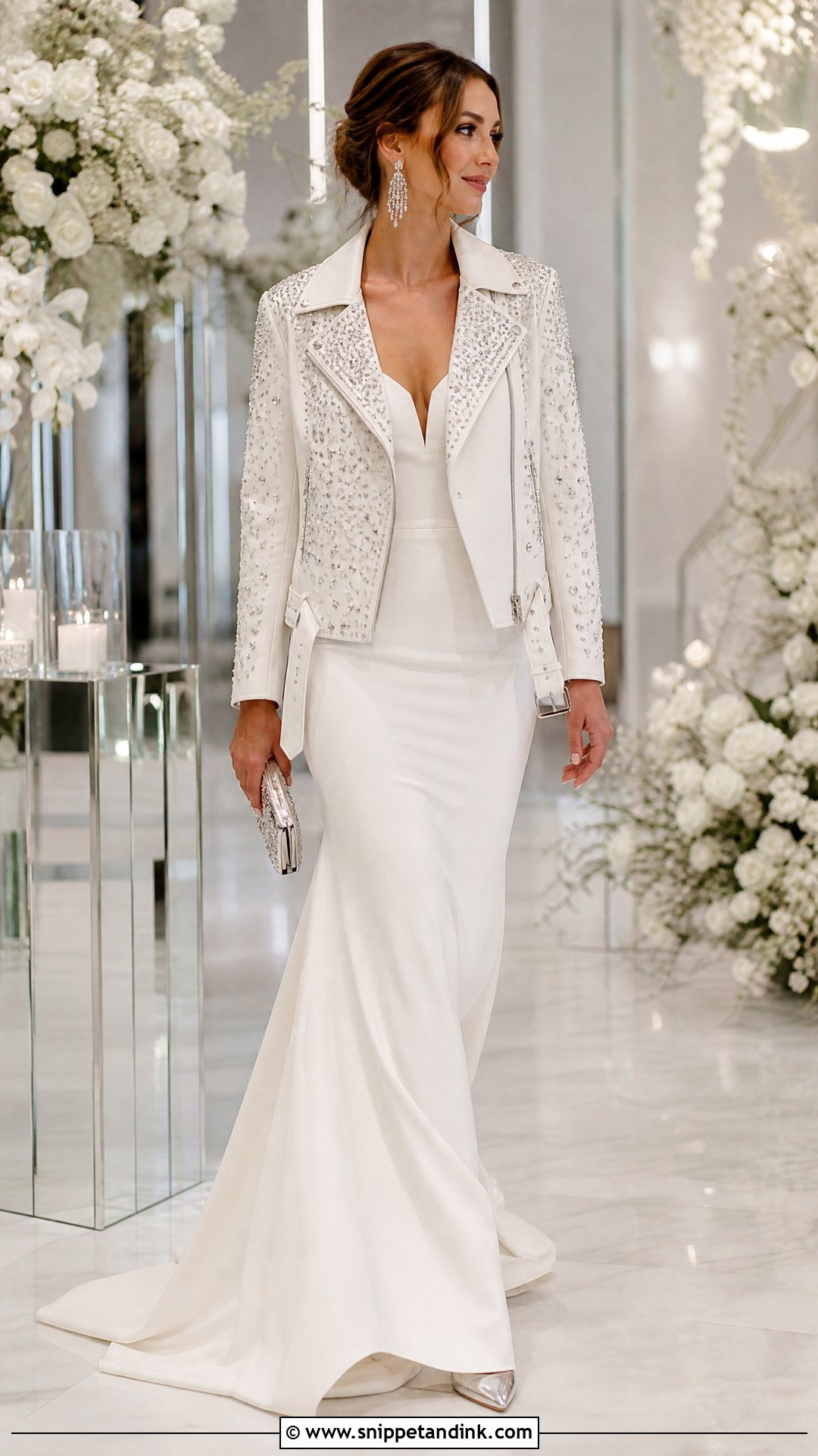 Rhinestone Wedding Leather Jacket With Mermaid Dress - Snippet and Ink - 20 Wedding Leather Jacket Ideas