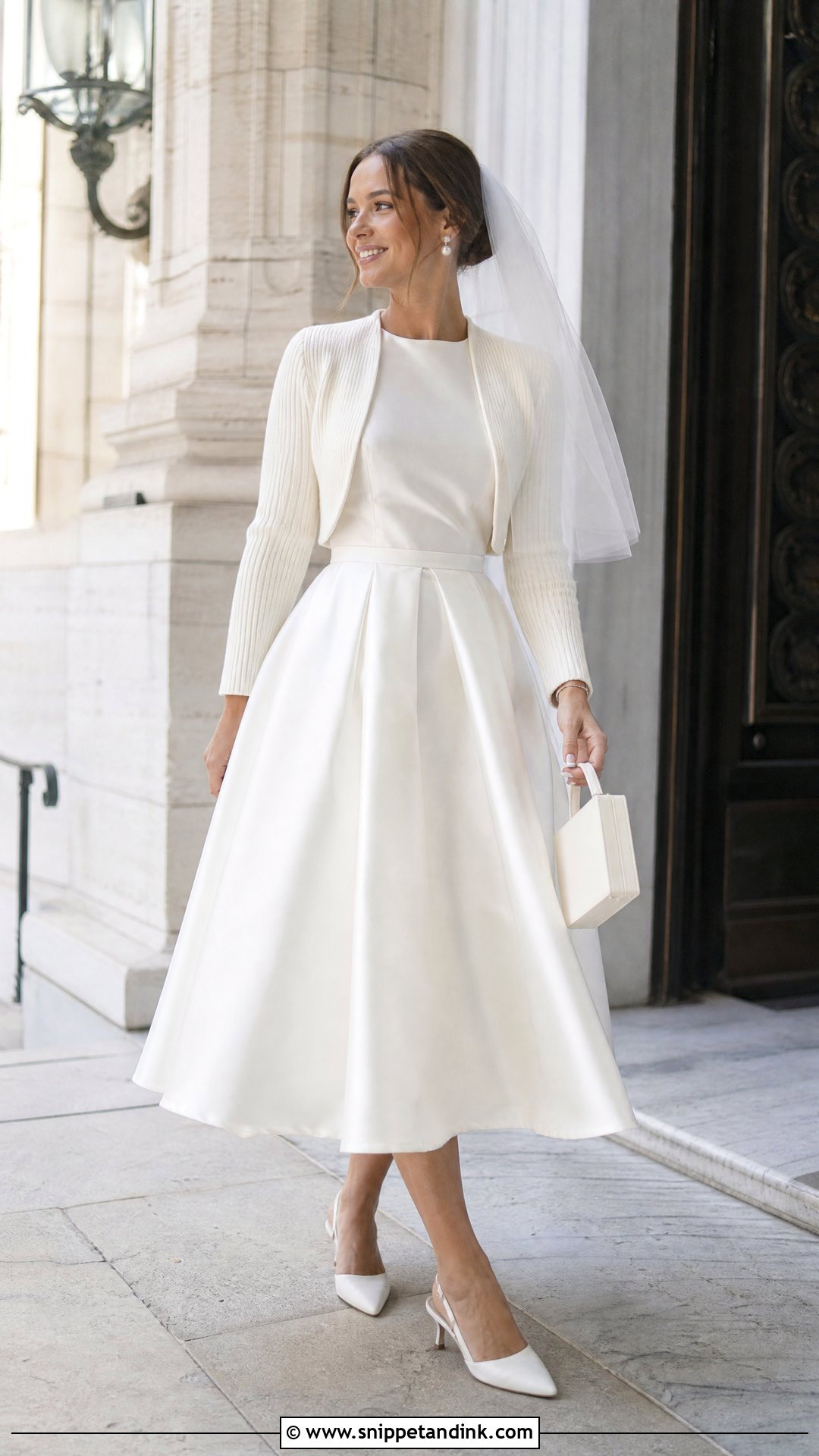 Ribbed Knit Bolero With Tea Length Dress - Snippet and Ink - 20 Wedding Bolero Long Sleeve Ideas