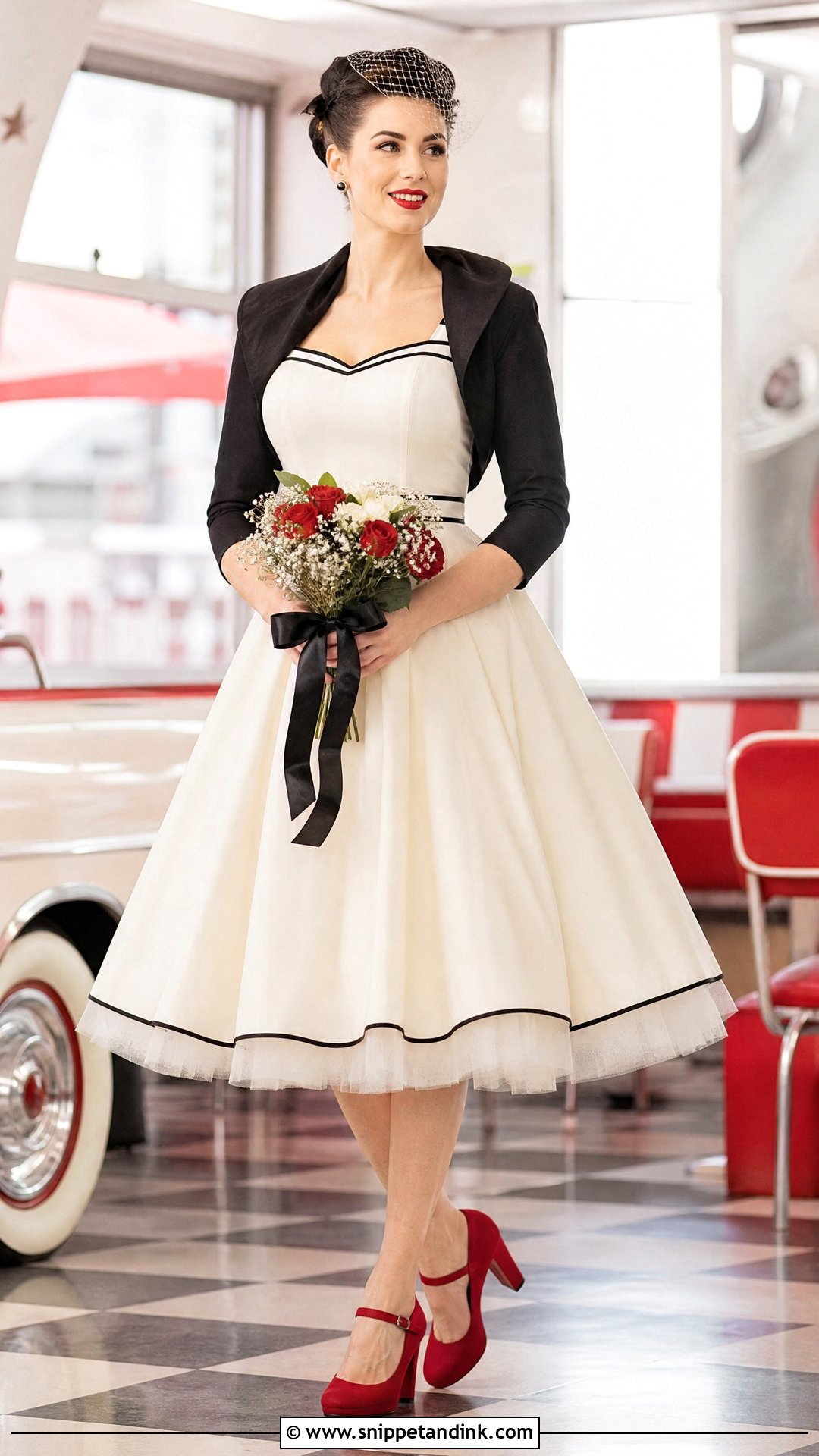 Rockabilly Tea Length Wedding Dress With Red Heels - Snippet and Ink - 20 Rock and Roll Wedding Dress Ideas