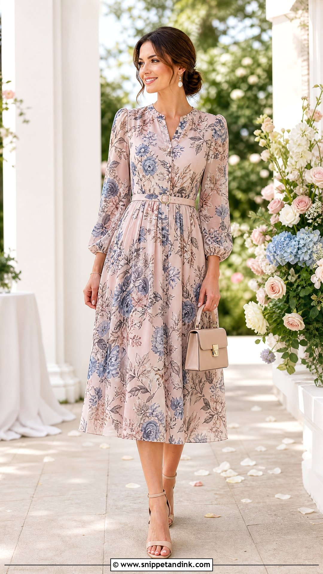 Romantic Floral Midi Wedding Outfit - Snippet and Ink - 20 Wedding Outfit Aesthetic Ideas