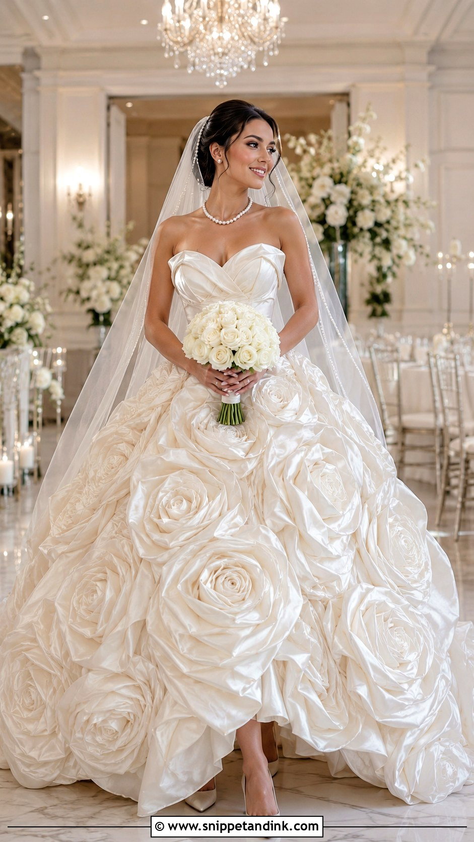Rose Ball Gown Wedding Dress With Pearl Jewelry - Snippet and Ink - 25 Rose Wedding Dress Ideas