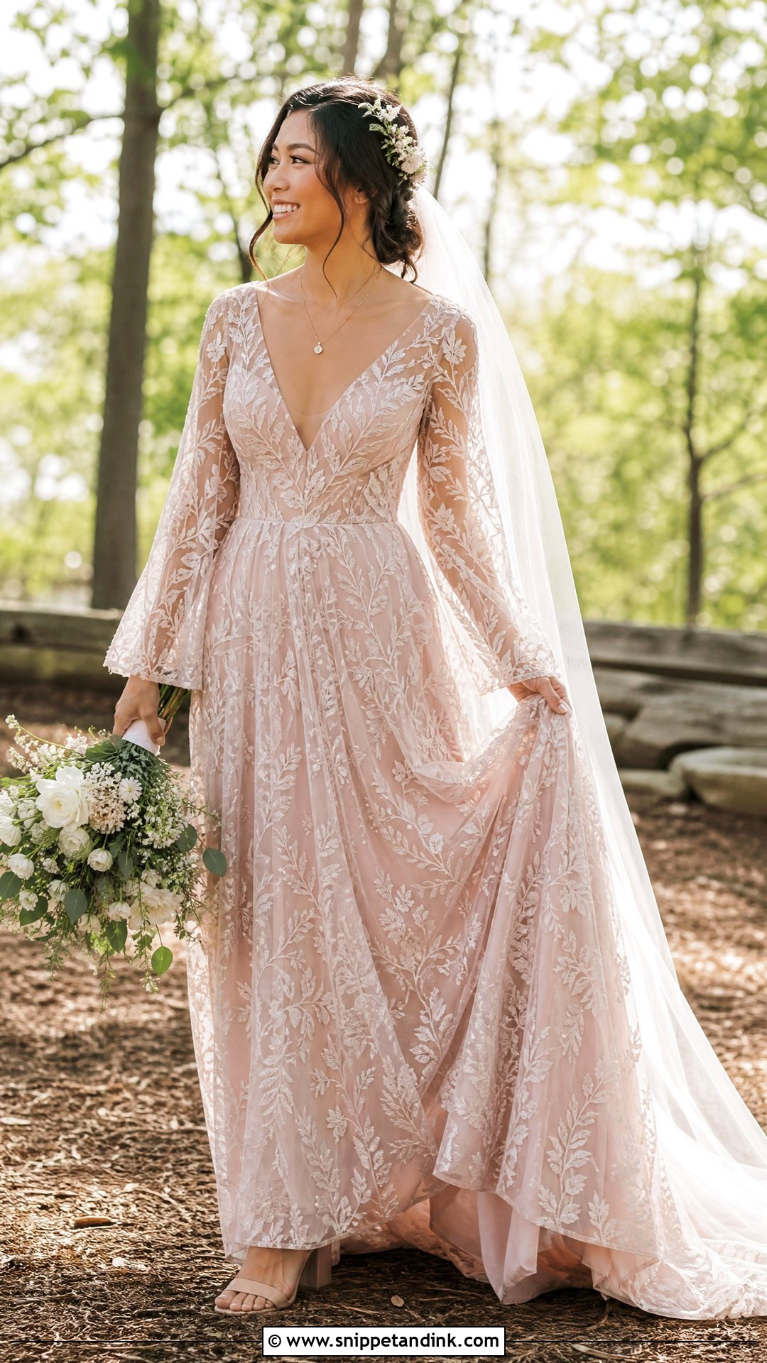 Rose Gold Boho Wedding Gown With Bell Sleeves - Snippet and Ink - 20 Rose Gold Wedding Gown Ideas