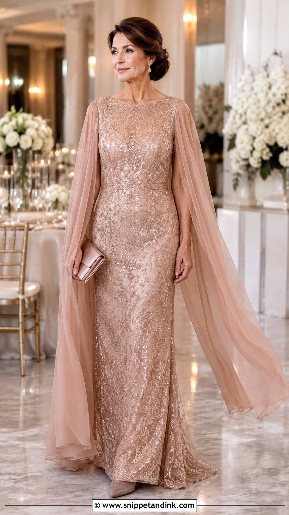 Rose Gold Cape Mother of the Bride Dress - Snippet and Ink - 20 Mom of Bride Dresses