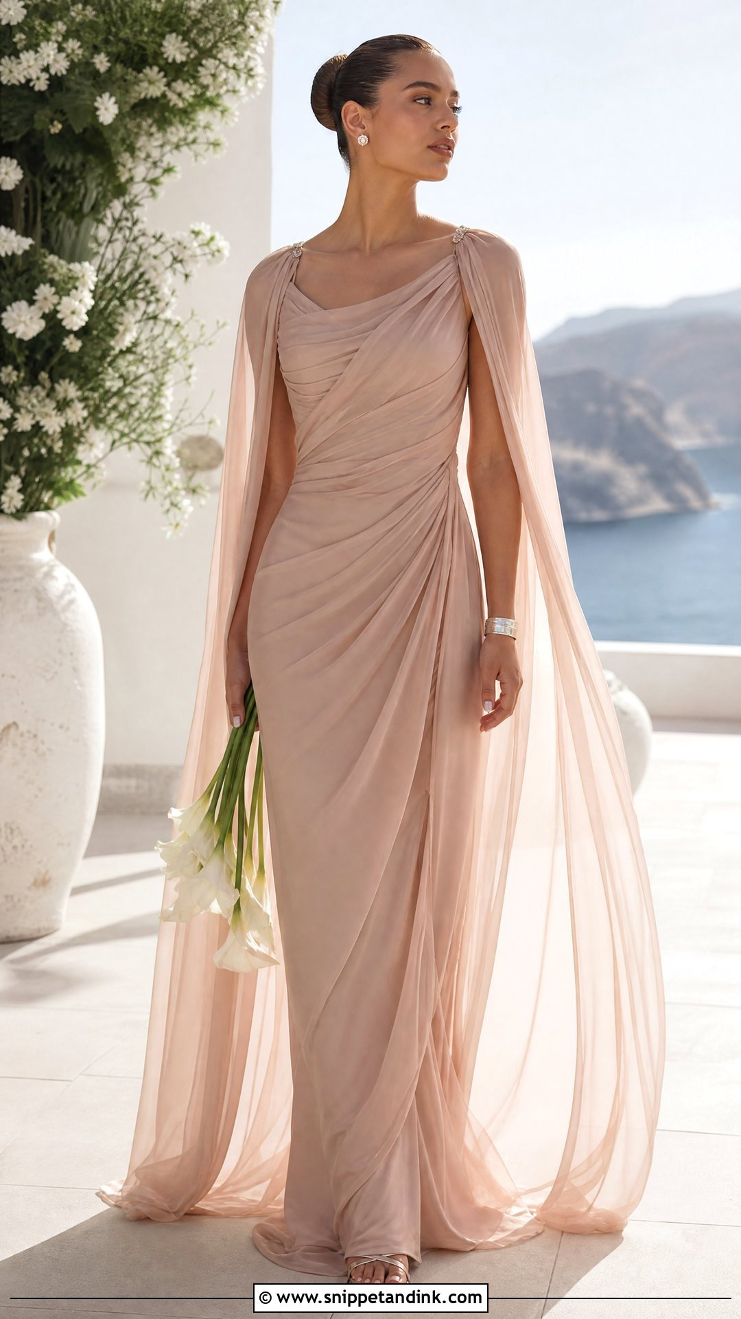 Rose Gold Chiffon Wedding Gown With Cape - Snippet and Ink - 20 Rose Gold Wedding Gown Ideas