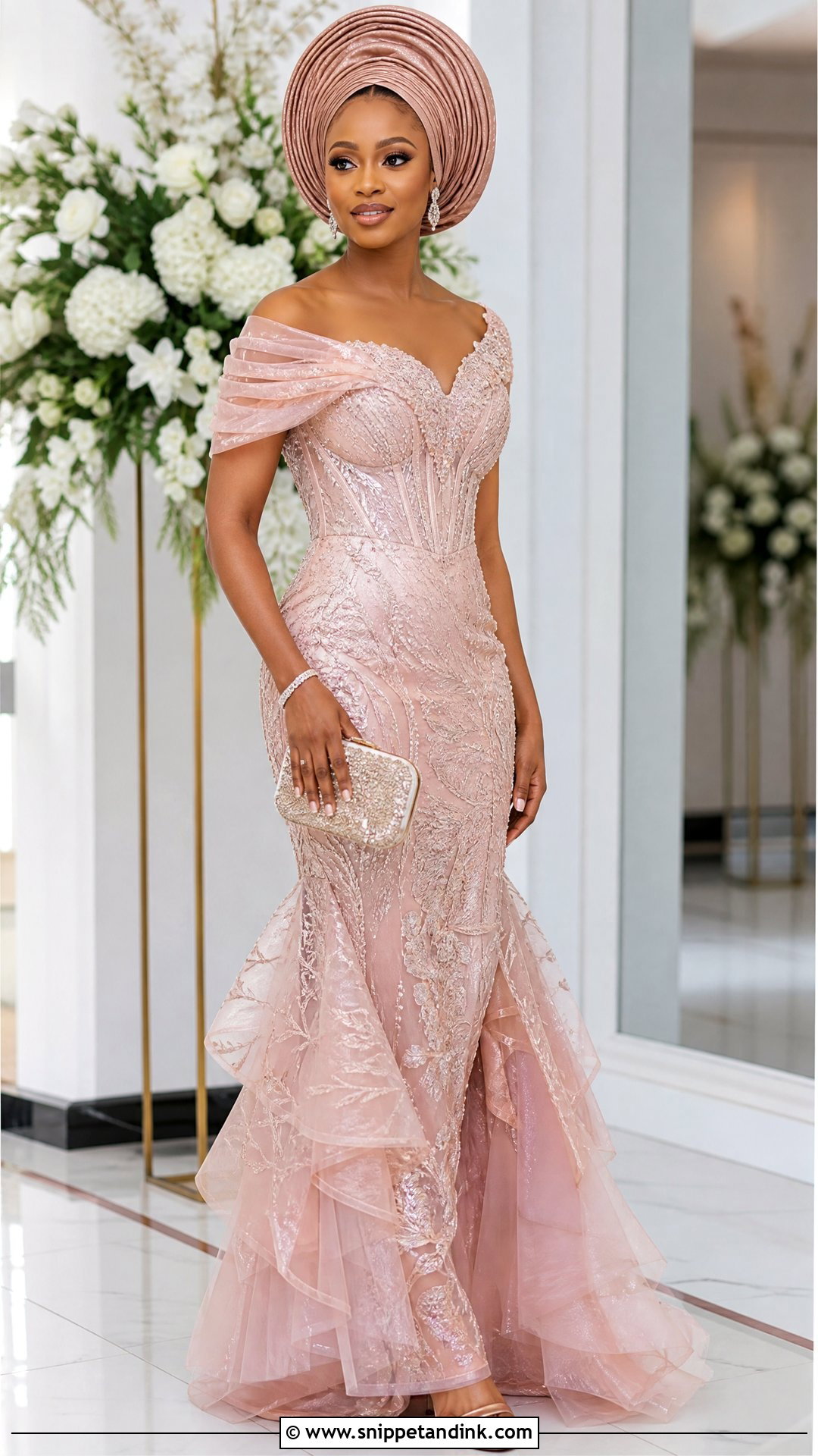 Rose Gold Layered Bridal Gele With Mermaid Dress - Snippet and Ink - 20 Bridal Gele Styles
