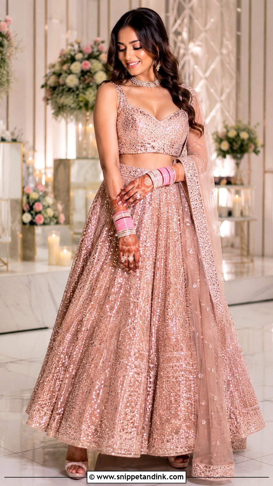 Rose Gold Lehenga Bangle Ceremony Outfit - Snippet and Ink - 25 Bangle Ceremony Outfit for Bride Ideas