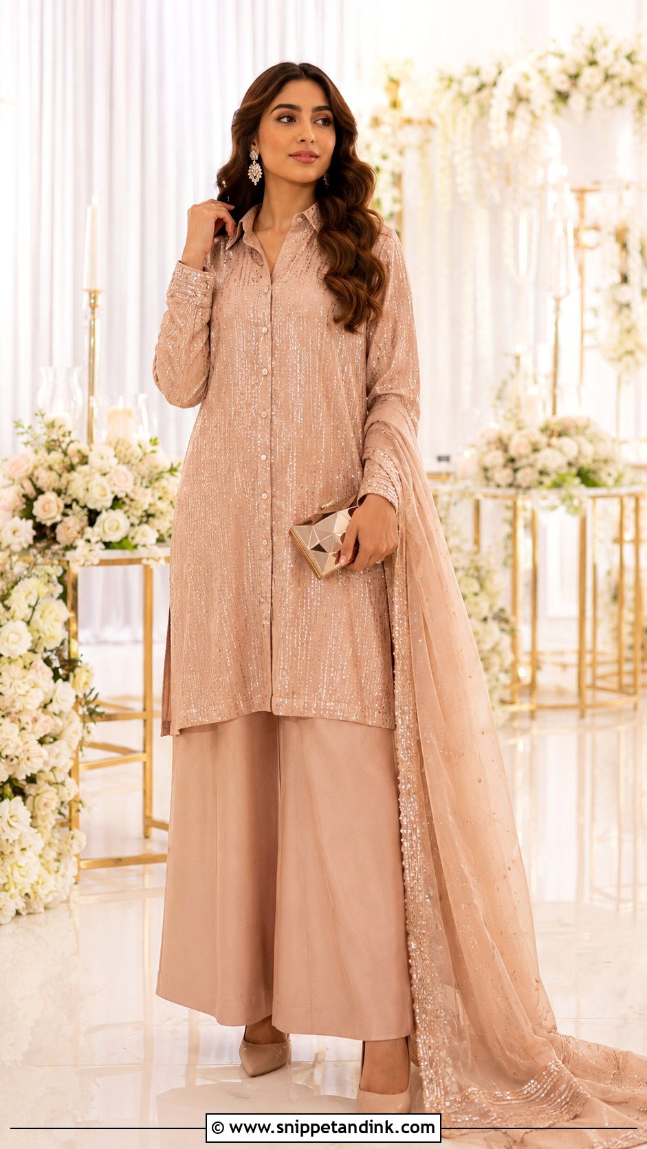 Rose Gold Long Shirt Palazzo Wedding Outfit - Snippet and Ink - 20 Long Shirt with Plazo Wedding Dress Ideas