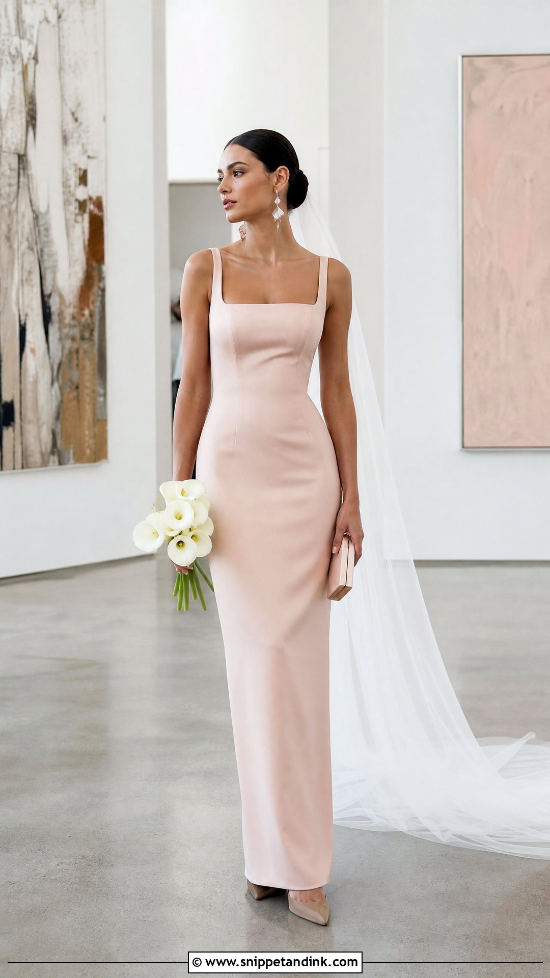Rose Gold Minimalist Column Wedding Gown - Snippet and Ink - 20 Rose Gold Wedding Gown Ideas