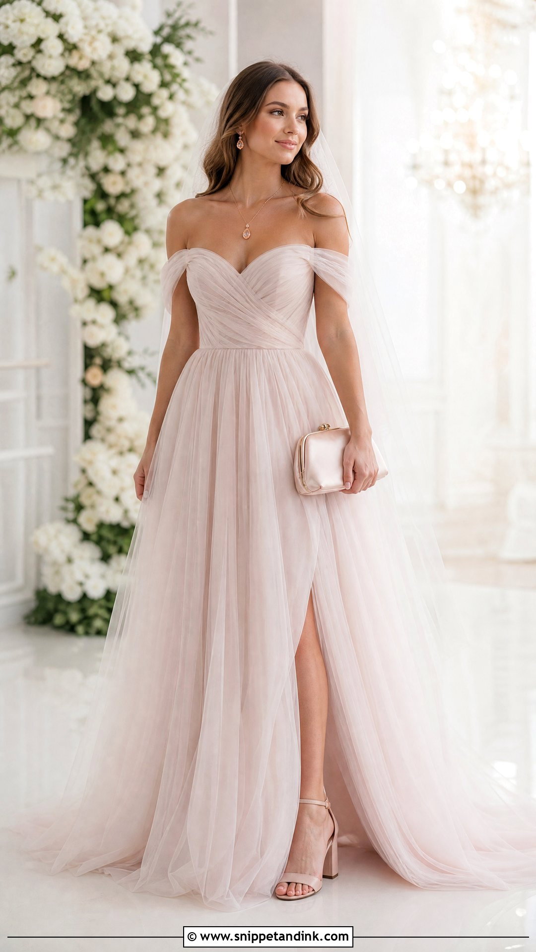 Rose Gold Necklace With Blush Wedding Dress - Snippet and Ink - 20 Wedding Dress Necklace Ideas