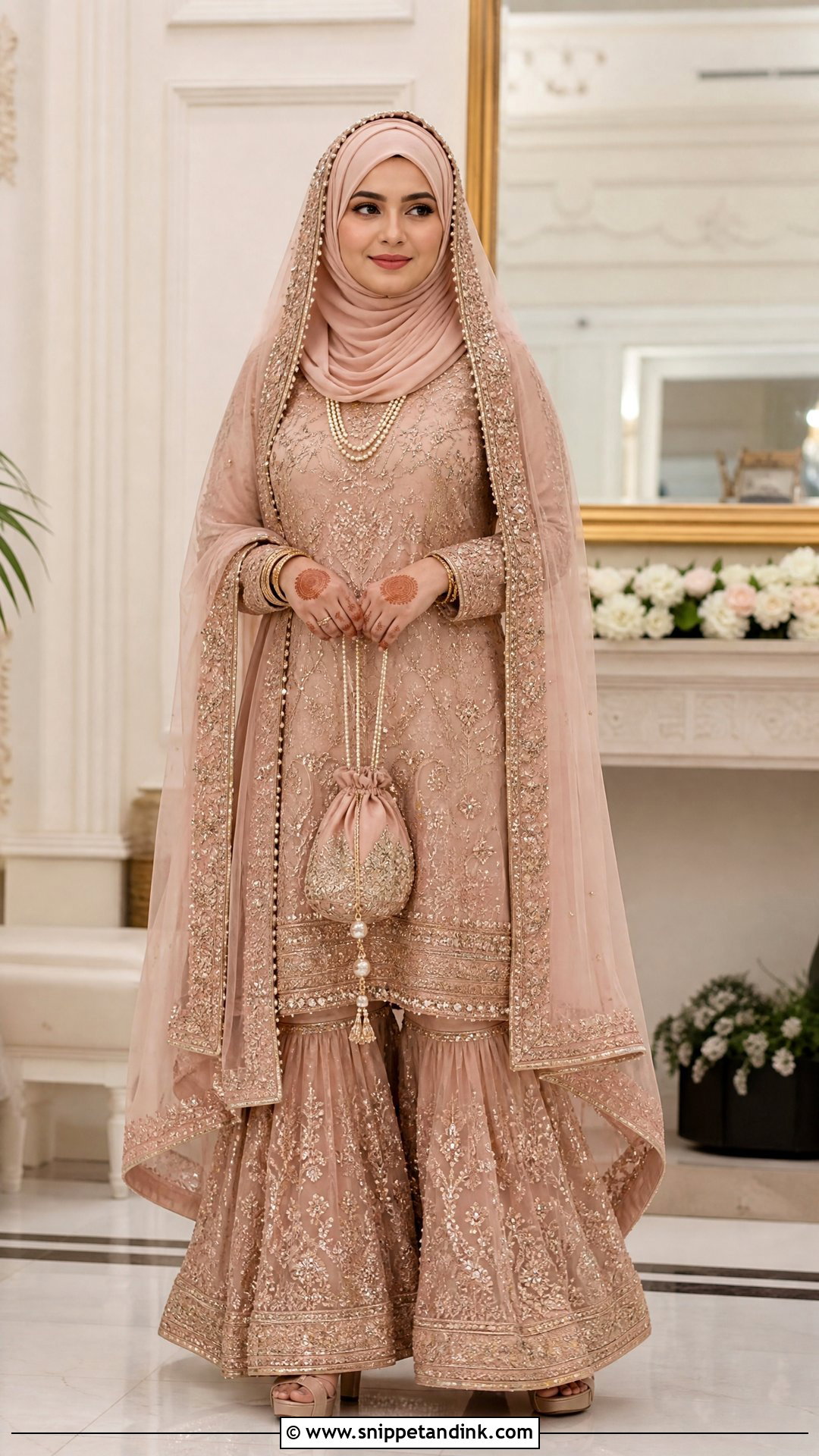 Rose Gold Nikah Hijab With Gharara - Snippet and Ink - 20 Nikah Hijab Style Ideas