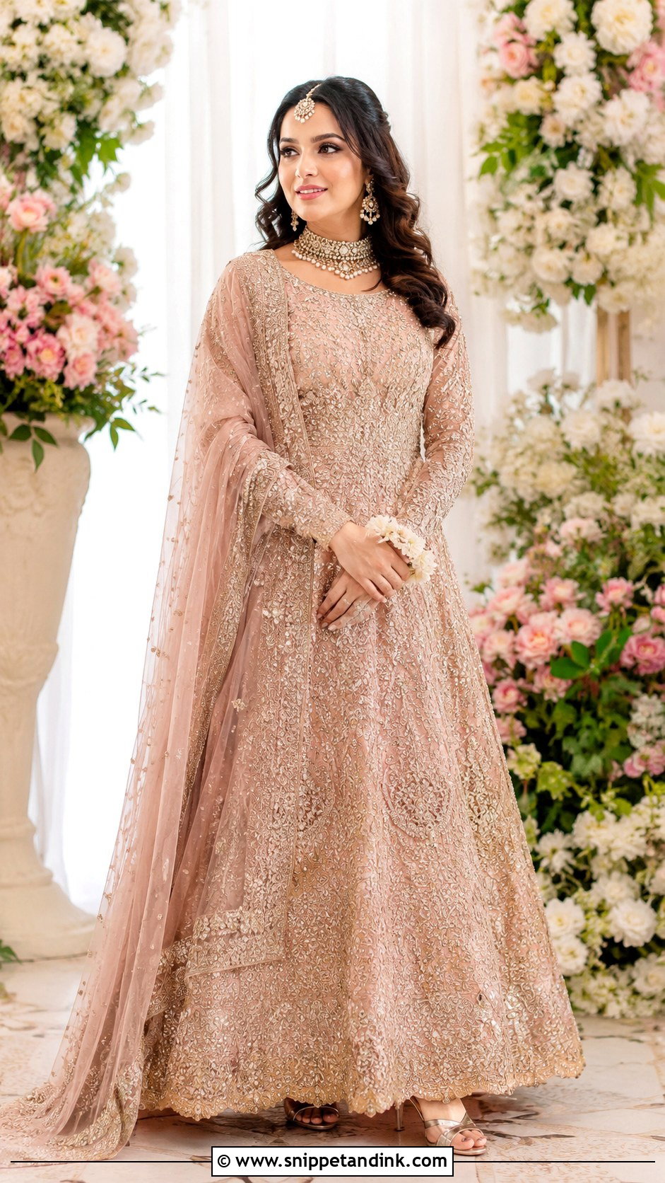 Rose Gold Nikah Lehenga With Net Dupatta - Snippet and Ink - 25 Pakistani Nikah Bridal Wear Ideas
