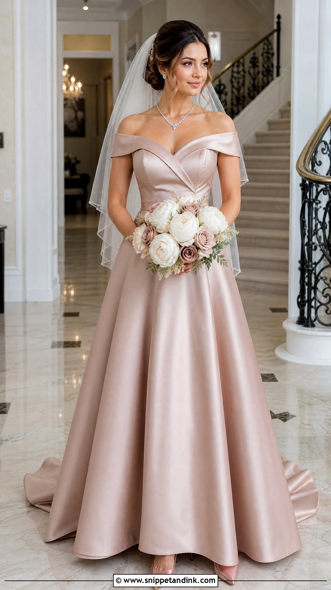 Rose Gold Off The Shoulder Wedding Gown - Snippet and Ink - 20 Rose Gold Wedding Gown Ideas