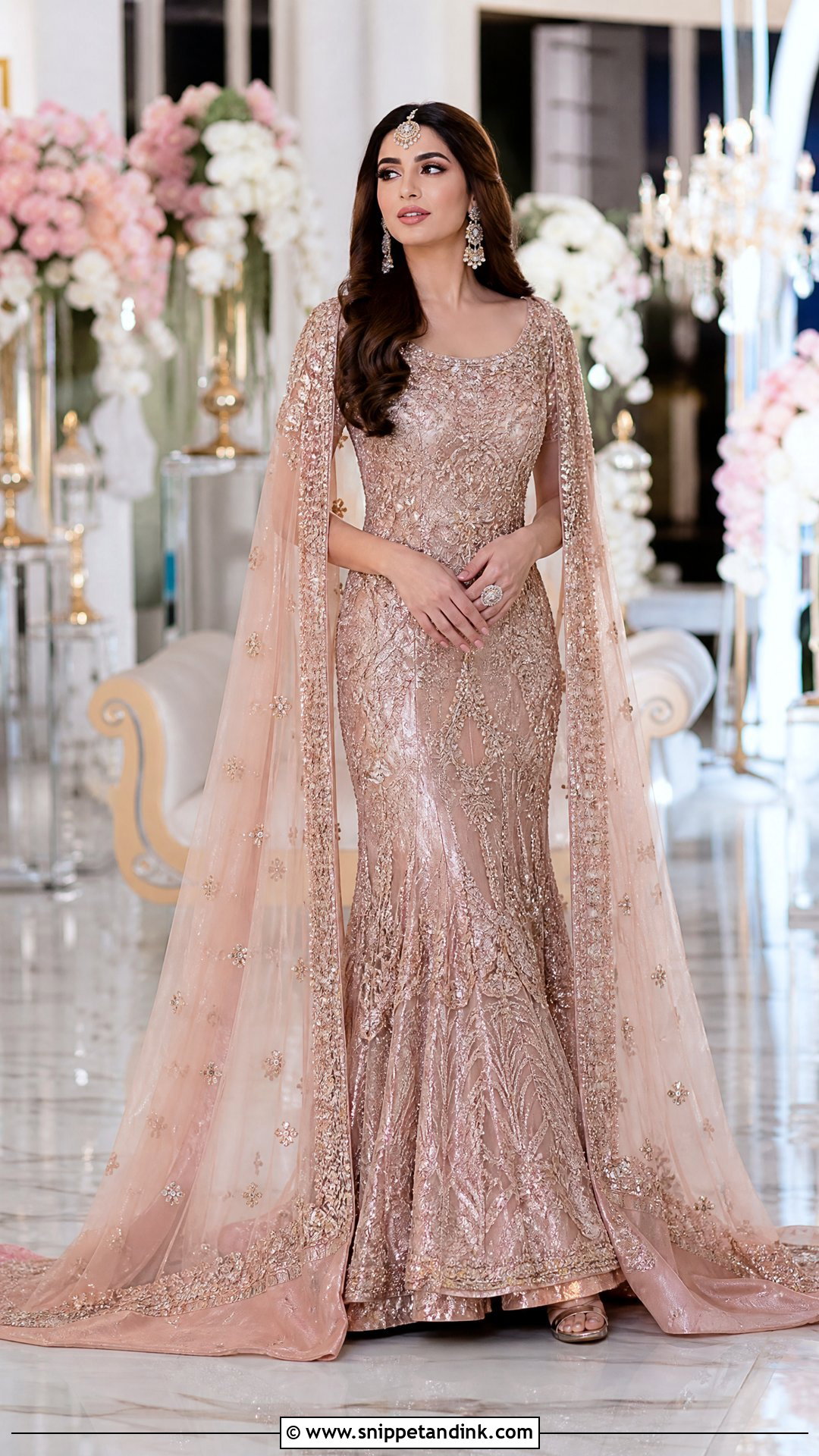 Rose Gold Pakistani Bridal Gown With Cape Dupatta - Snippet and Ink - 20 Pakistani Bridal Gown Ideas