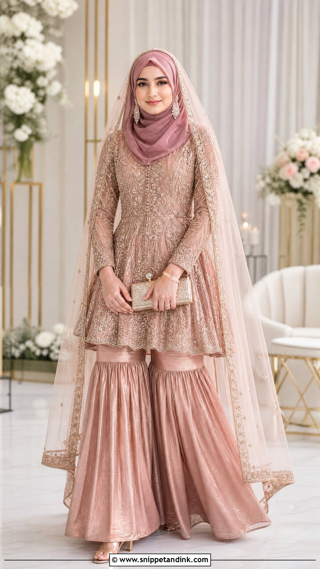 Rose Gold Peplum Sharara Hijabi Pakistani Bride - Snippet and Ink - 20 Hijabi Pakistani Bride Ideas