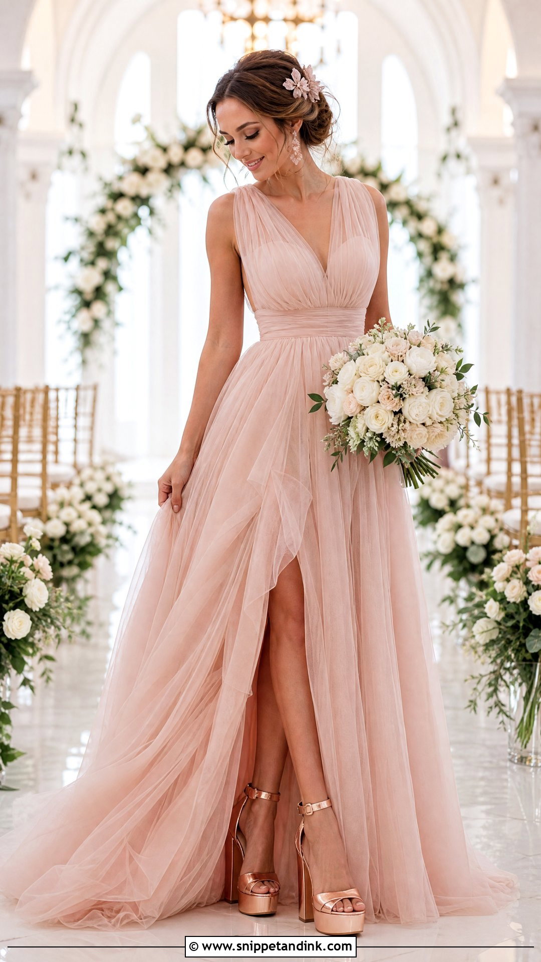 Rose Gold Platform Wedding Heels With Blush Dress - Snippet and Ink - 20 Platform Wedding Heels Ideas