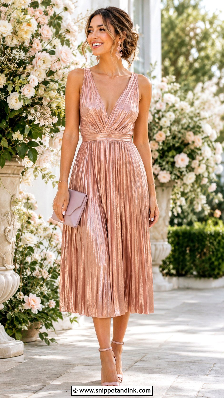 Rose Gold Pleated Midi Dress With Blush Sandals - Snippet and Ink - 20 Gold Dress for Wedding Ideas