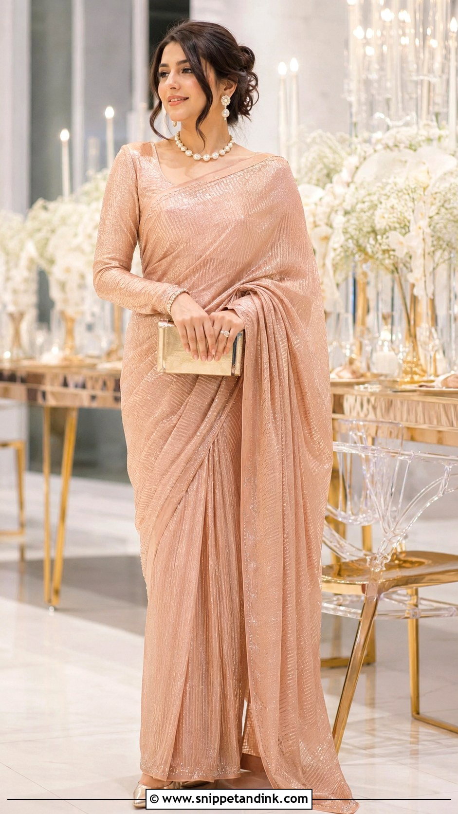 Rose Gold Saree Outfit - Snippet and Ink - 30 Eid Mubarak Outfit Ideas