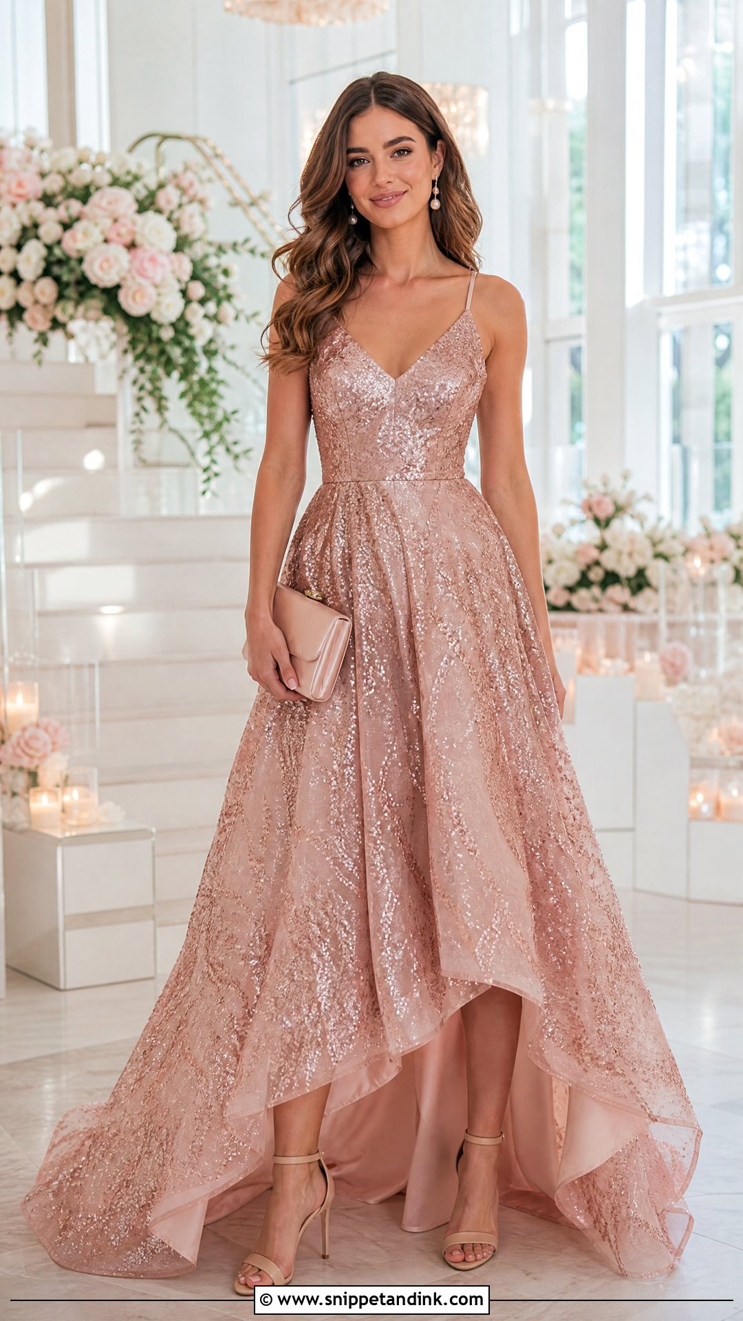 Rose Gold Sequin Ball Gown With Nude Heels - Snippet and Ink - 20 Sequin Ball Gown Ideas