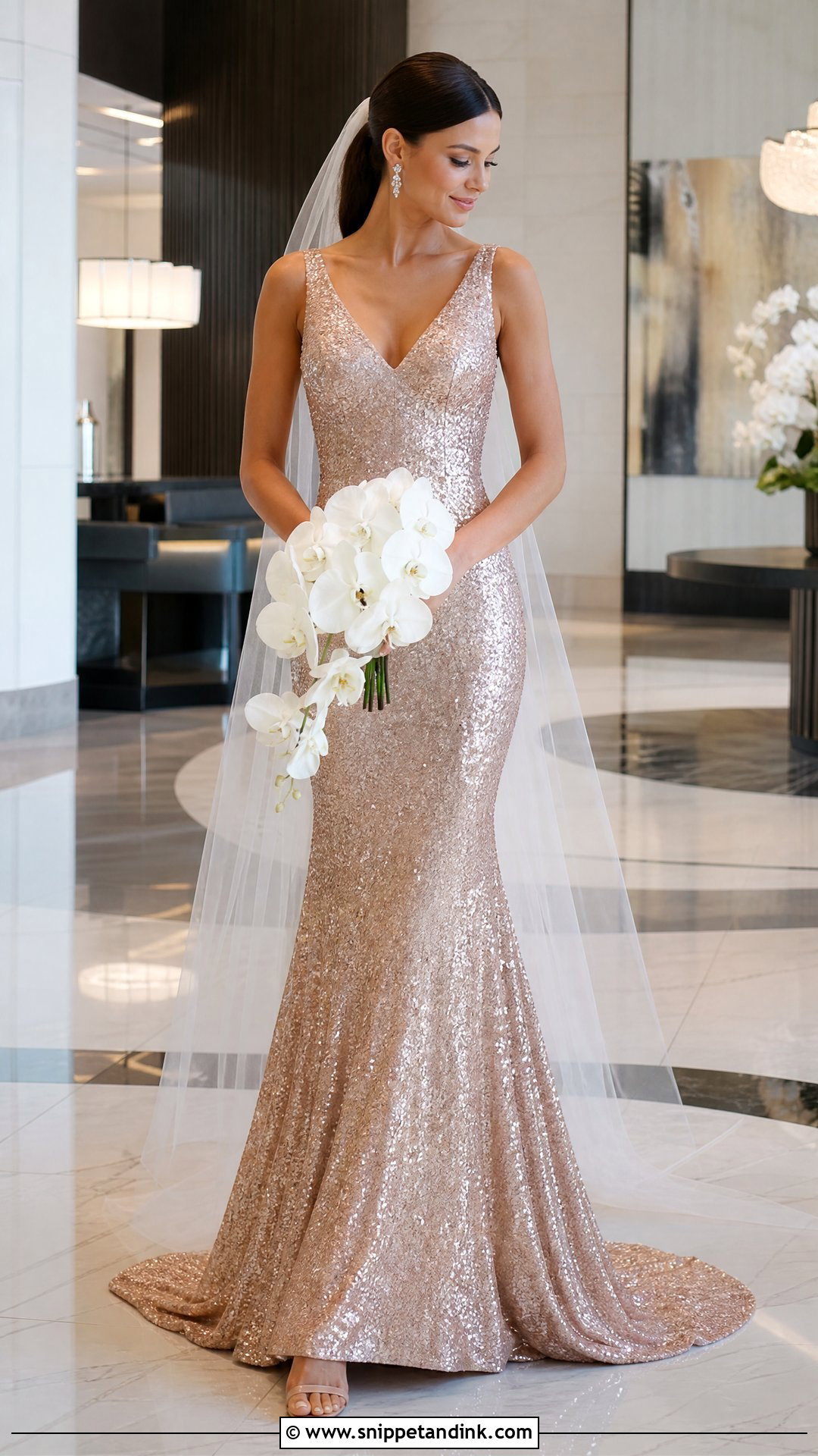 Rose Gold Sequin Fit And Flare Wedding Gown - Snippet and Ink - 20 Rose Gold Wedding Gown Ideas