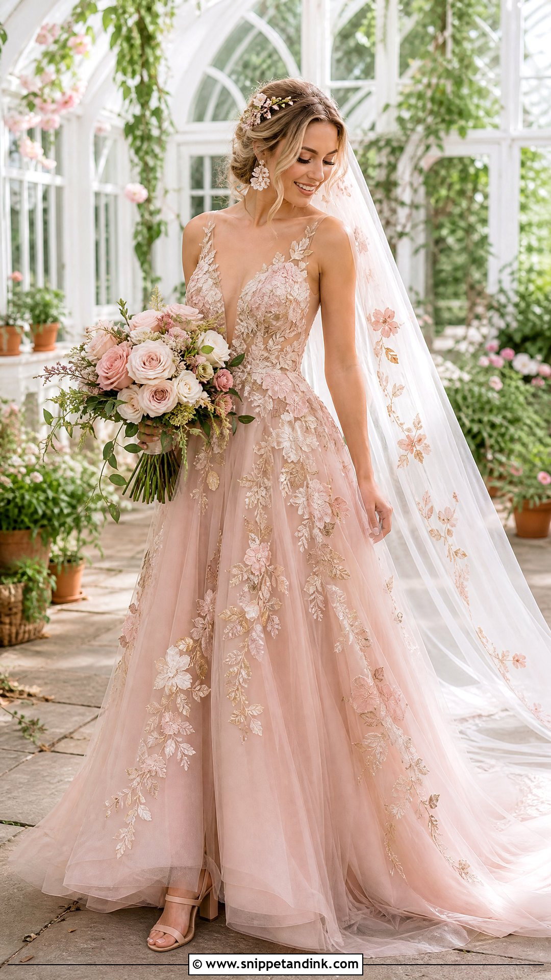 Rose Gold Tulle Wedding Gown With Floral Appliques - Snippet and Ink - 20 Rose Gold Wedding Gown Ideas